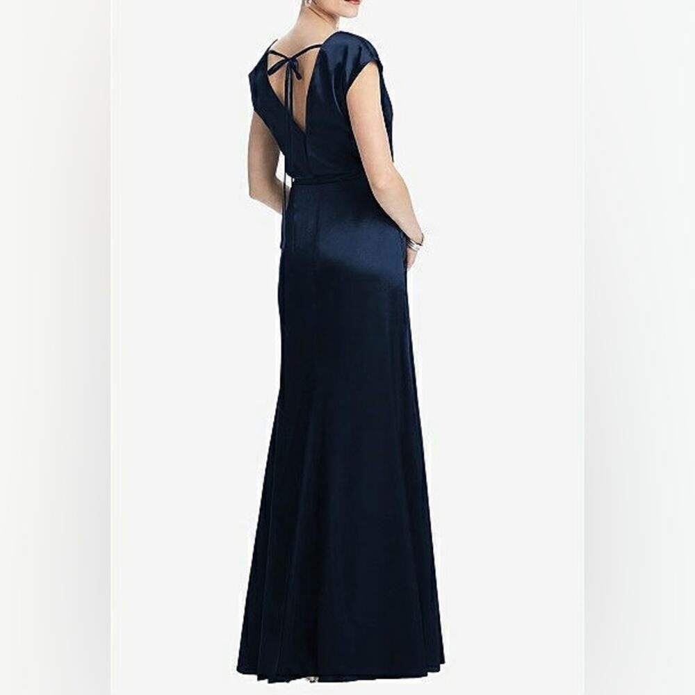 NWT Dessy Collection Cap Sleeve Blouson Faux Wrap Maxi Dress Midnight Navy Blue